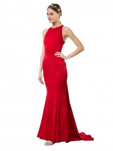 High Neck Mermaid Open Back Crepe Maxi Prom Dress with Train Detail UK