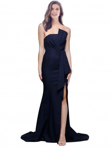 Long Strapless Sweep Train Low Back Crepe Prom Dress UK