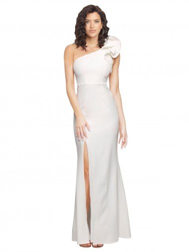 One Shoulder Long Full Length Crepe Prom Dress with Ruffles and Side Split UK