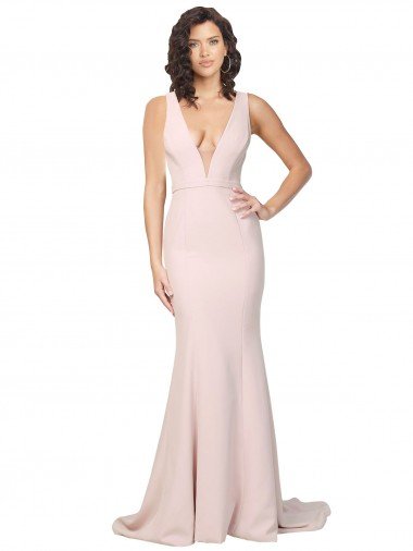 Deep Plunging V-Neckline Full Length Crepe Prom Dress with Deep V-Backline UK