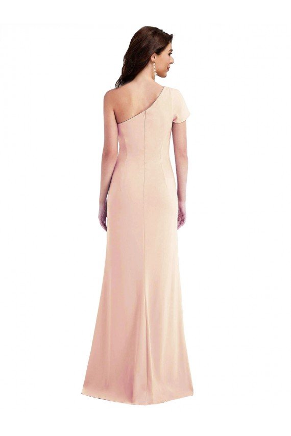 One Shoulder Cap Sleeves Trumpet Crepe Prom Dress with Front Slit UK