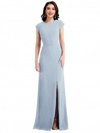 Cap Sleeve Open Back Trumpet Crepe Prom Dress with Front Slit UK