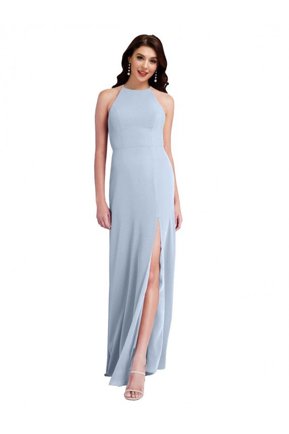 Fit and Flare High Neck Crepe Prom Dress with Side Slit UK
