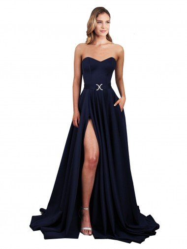 Sweetheart Neckline Low Back Long Crepe Prom Dress with High Leg Spit & Pockets UK