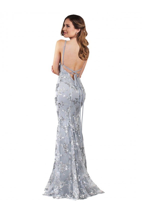 Silver V-Neckline Backless Floral Patterned Sequin Prom Dress UK