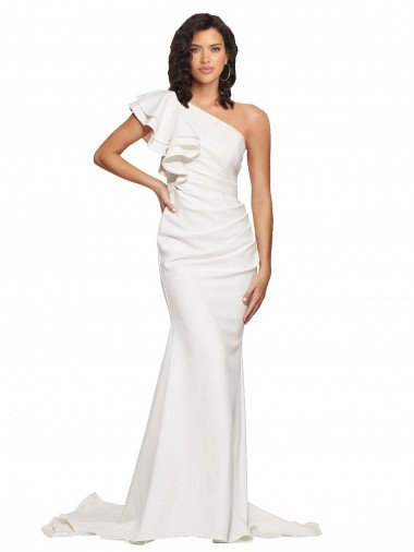 Ruched Long Sweep Train Crepe Prom Dress with Shoulder Ruffles UK