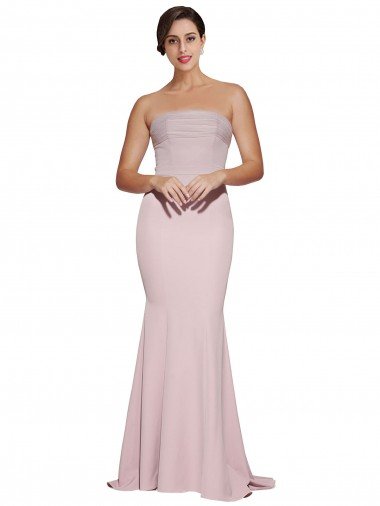 Straight Neck Long Strapless Crepe Prom Dress with Soft Tulle Overlay and Small Train UK