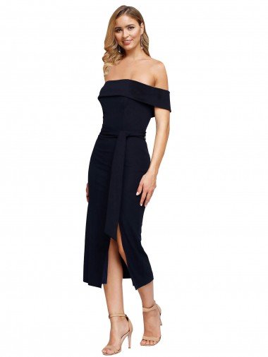 Fitted Short Midi Length Off the Shoulder Crepe Cocktail Prom Dress / Homecoming Dress with Side Split and Waist Tie UK