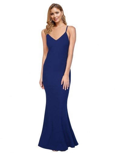 Full Length V-Neckline Crepe Prom Dress with Thin Straps and Fulted Skirt UK