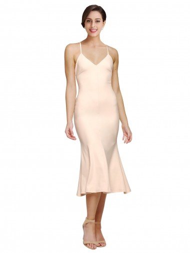 Midi Length V-Neckline Crepe Cocktail Prom Dress / Homecoming Dress with Thin Straps and Fulted Skirt UK