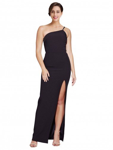 Long Floor Length Crepe Prom Dress with Side Split and One Strap UK