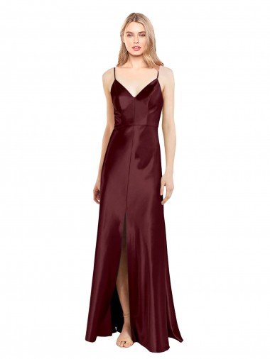 Sleek Spaghetti Straps V-Neck Stretch Satin Prom Dress with Center Front Slit UK