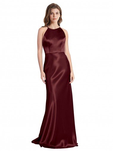 High Neck Halter Long Sleeveless Stretch Satin Prom Dress with Strappy Back UK