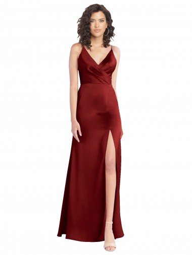 Faux Surplice Neckline Long Slim A-Line Stretch Satin Prom Dress UK