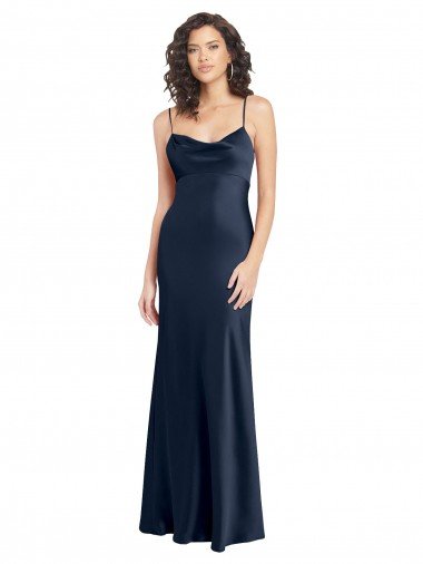 Cowl Neck Long Empire Waist Stretch Satin Prom Dress with Open Back UK