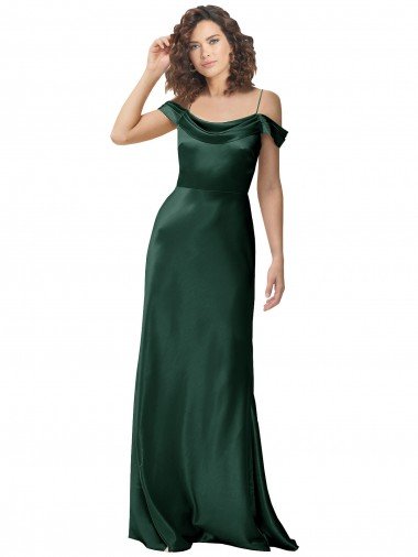 Off the Shoulder Sleeves Long Stretch Satin Prom Dress with Pleated Draped Neckline UK