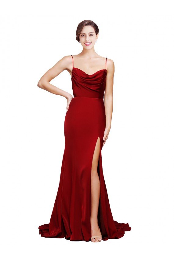 Cowl Front Neck Sweep Train Stretch Satin Prom Dress with High Side Split UK