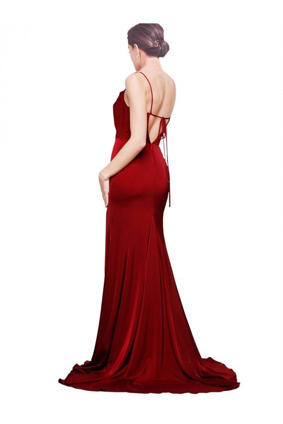 Cowl Front Neck Sweep Train Stretch Satin Prom Dress with High Side Split UK