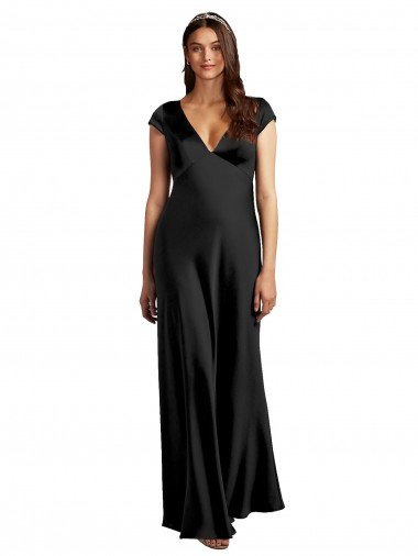 Plunging V-Neck Cap Cleeves Long Stretch Satin Prom Dress with Keyhole Back UK