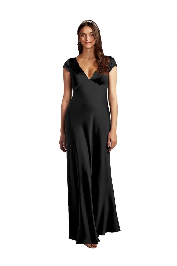 Plunging V-Neck Cap Cleeves Long Stretch Satin Prom Dress with Keyhole Back UK