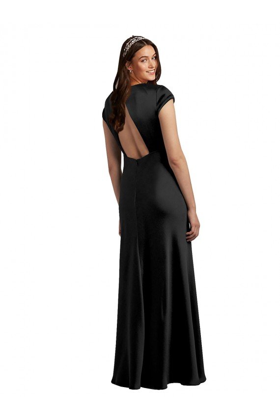 Plunging V-Neck Cap Cleeves Long Stretch Satin Prom Dress with Keyhole Back UK