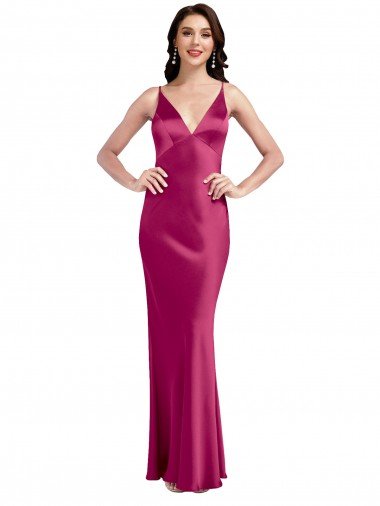 V-Neck Spaghetti Straps Slim Stretch Satin Prom Dress with Low Scoop Back UK