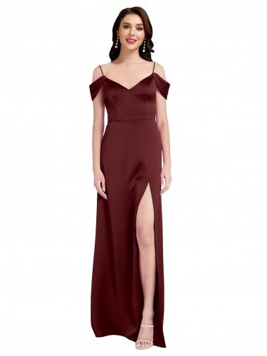 Draped Off the Shoulder Sleeves Slim A-Line Stretch Satin Prom Dress with Side Slit UK