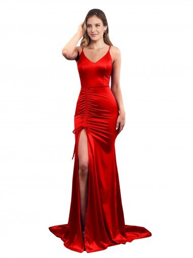 Long Pleated Stretch Satin Prom Dress with High Slit UK