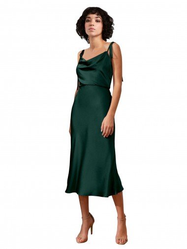 Spaghetti Straps Tie Shoulders Cowl Neck Short Midi Length Stretch Satin Cocktail Prom Dress / Homecoming Dress UK