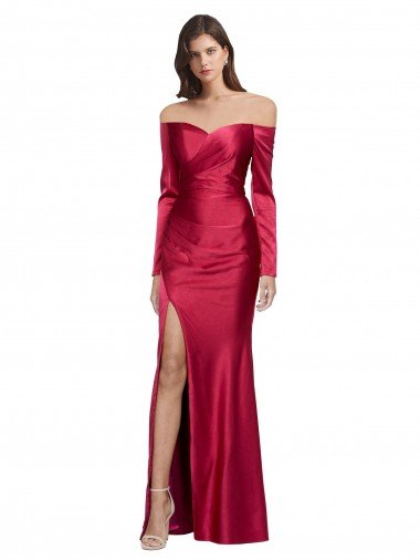 Long Sleeves Off the Shoulder Stretch Satin Prom Dress with High Side Split UK