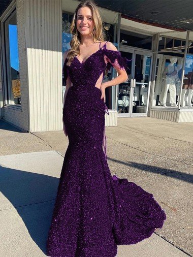 Cold Shoulder Sleeveless Long Court Train Velvet Sequin Prom Dress UK