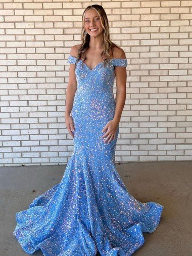 Mermaid Off the Shoulder Sleeveless Long Floor Length Velvet Sequin Prom Dress UK