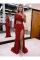 Mermaid One Shoulder Long Sleeves Long Sweep Train Velvet Sequin Prom Dress with High Slit UK