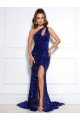 Mermaid One Shoulder Sleeveless Long Court Train Velvet Sequin Prom Dress with Slit UK