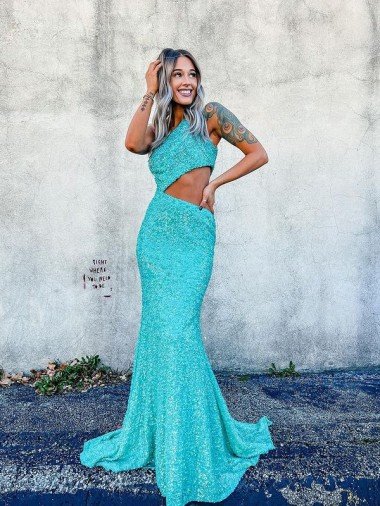 Mermaid One Shoulder Sleeveless Long Sweep Train Velvet Sequin Prom Dress UK