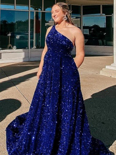 A-Line One Shoulder Sleeveless Long Sweep Train Velvet Sequin Prom Dress with Pockets UK