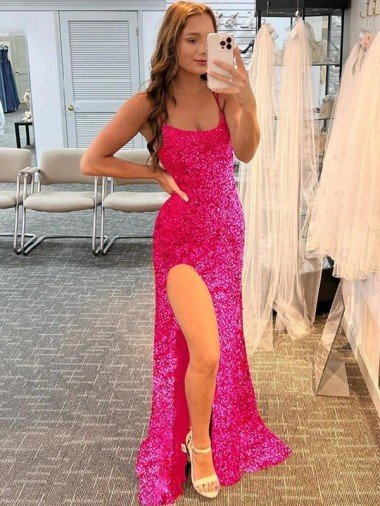 Spaghetti Straps Sleeveless Long Velvet Sequin Prom Dress with Slit and Criss Cross Open Back UK