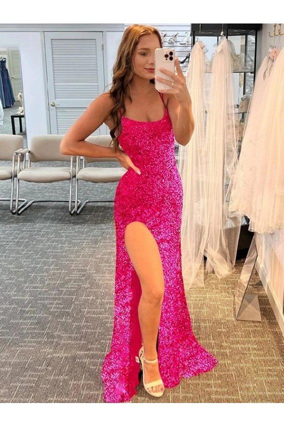 Spaghetti Straps Sleeveless Long Velvet Sequin Prom Dress with Slit and Criss Cross Open Back UK