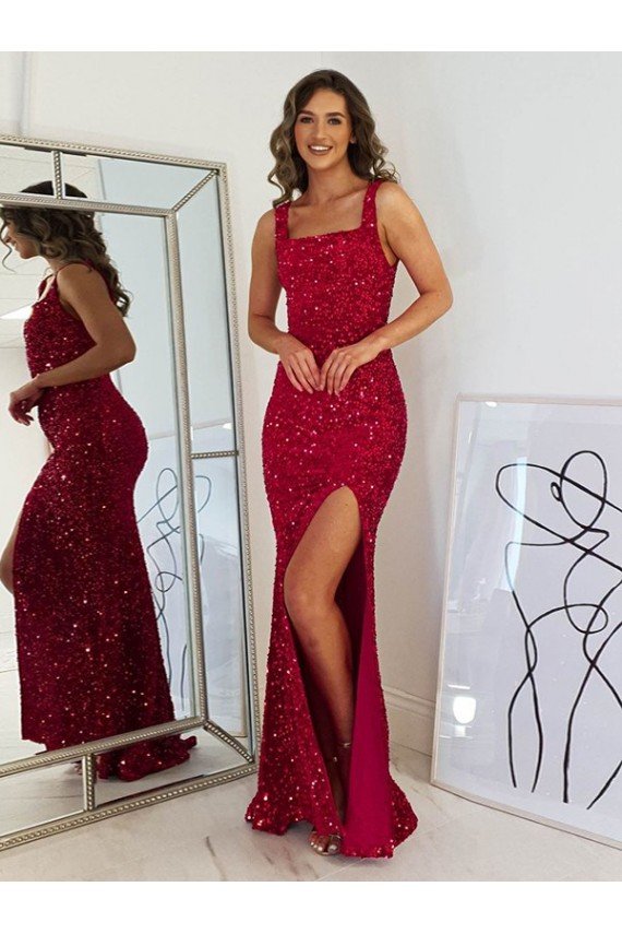 Square Neck Sleeveless Long Velvet Sequin Prom Dress with Slit UK