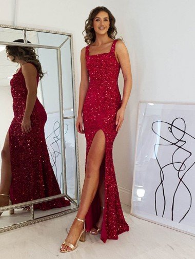 Square Neck Sleeveless Long Velvet Sequin Prom Dress with Slit UK