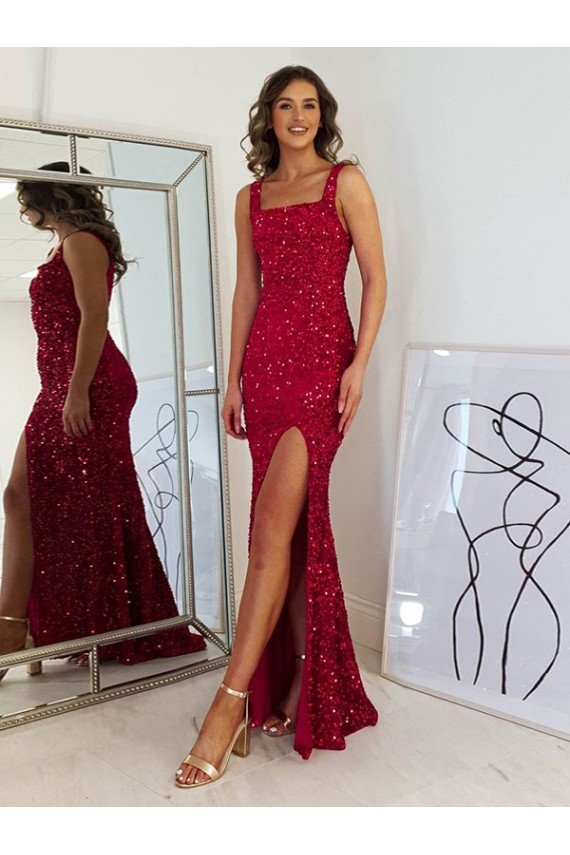 Square Neck Sleeveless Long Velvet Sequin Prom Dress with Slit UK