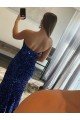 Strapless Sleeveless Long Sweep Train Velvet Sequin Prom Dress with Side Slit UK