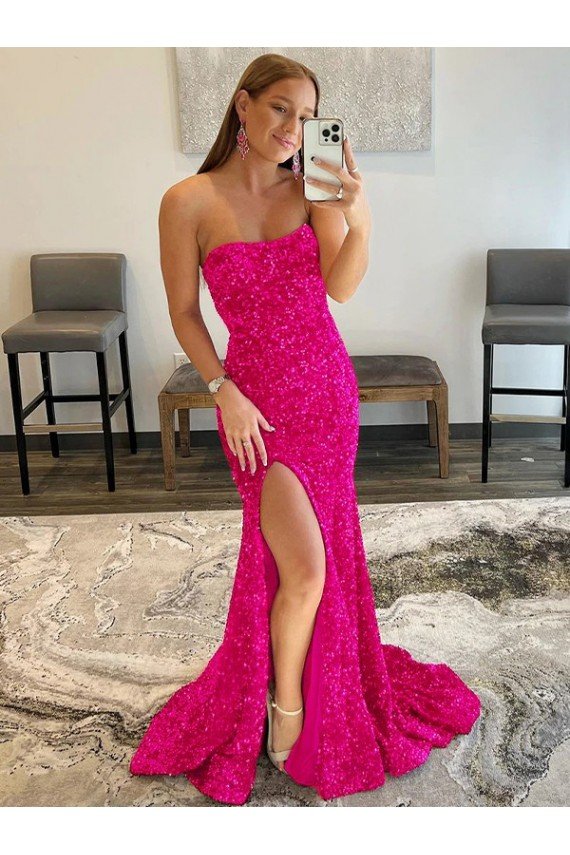 Strapless Sleeveless Long Sweep Train Velvet Sequin Prom Dress with Side Slit UK