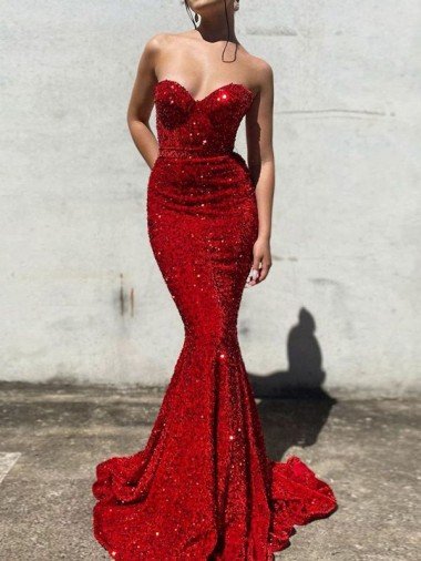 Mermaid Sweetheart Sleeveless Long Court Train Velvet Sequin Prom Dress UK