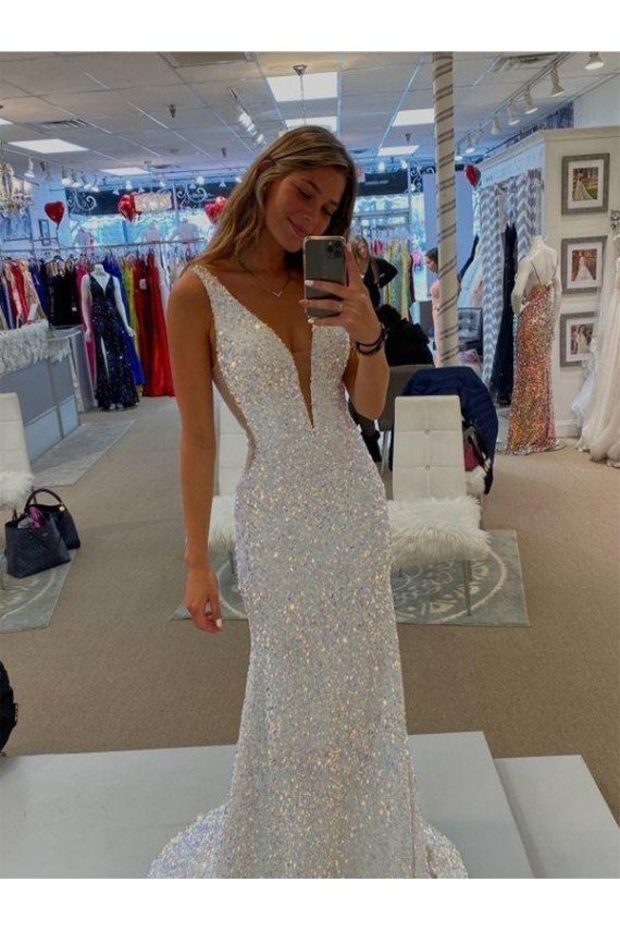 V-Neck Sleeveless Long Velvet Sequin Prom Dress with Sweep Train UK