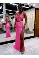 Long V-Neck Sleeveless Sweep Train Velvet Sequin Prom Dress with High Slit UK