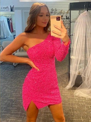 Short Velvet Sequin One Shoulder Long Sleeves Prom Dress UK