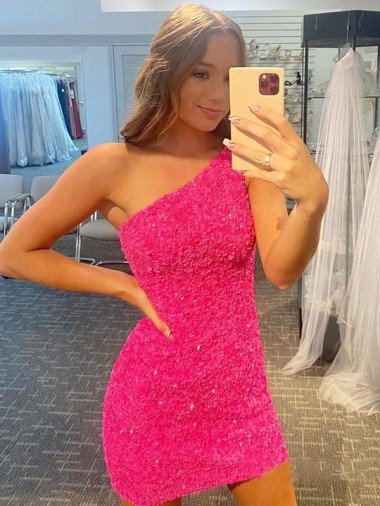 Short One Shoulder Sleeveless Velvet Sequin Prom Dress UK