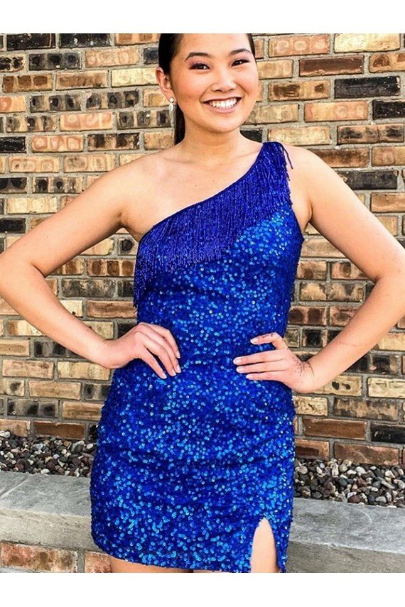 One Shoulder Sleeveless Short Velvet Sequin Royal Blue Prom Dress UK