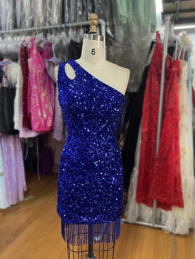 One Shoulder Keyhole Sleeveless Short Velvet Sequin Prom Dress UK